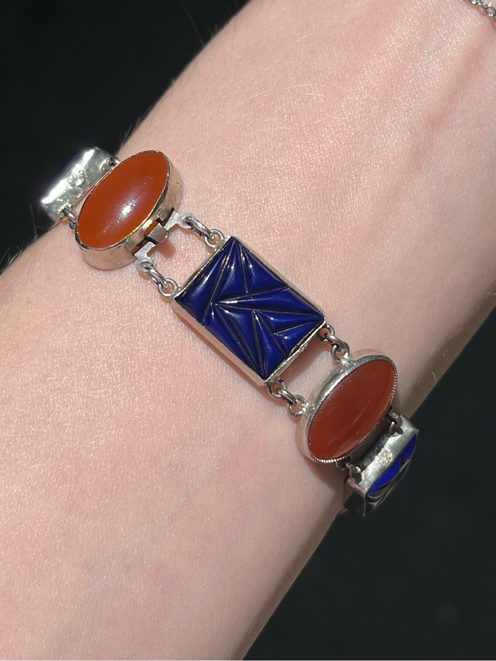 Art Deco Rhodium Plated Carnelian Panel And Lapis?Maybe? BezelSet Link Bracelet